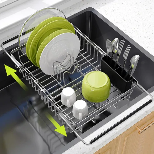 Vista 9 de Estante de secado de platos sobre el fregadero, expandible, pequeño, negro, escurridor para secar para la encimera de la cocina, metal de acero