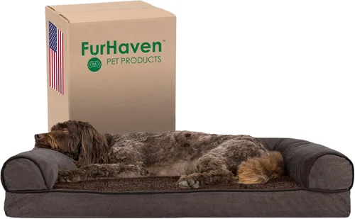 Vista 27 de Furhaven Cama para perro, de espuma viscoelástica, estilo sofá, Sherpa y chenilla, crema, M