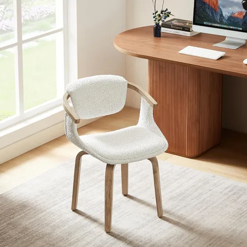 Vista 6 de Zouron Silla de escritorio giratoria sin ruedas, silla de oficina moderna de mediados de siglo, silla de comedor Boucle con patas de madera, silla