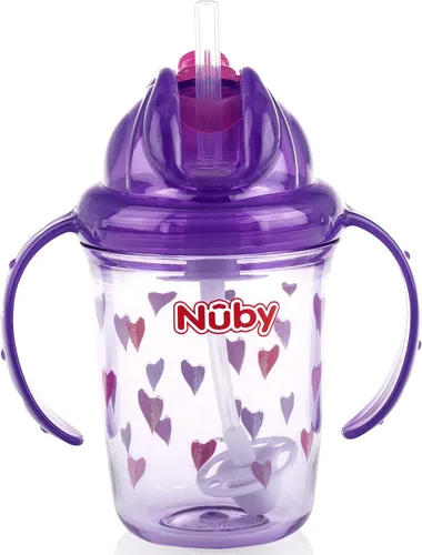 Vista 9 de Nuby Tritan - Taza estampada con asa doble con popote con 360 hilos, sin derrames, los colores pueden variar
