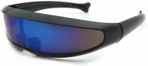 Vista 2 de Gafas de sol con visera Cyberpunk futurista con lente espejada, lentes de sol estrechos, personalidad, disfraz de cosplay, accesorios de fotos