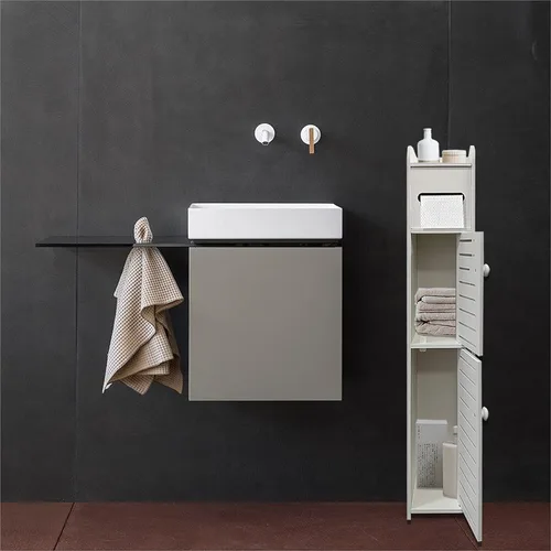 Vista 2 de Armario de almacenamiento pequeño para baño, organizador de papel higiénico delgado con 2 puertas y estantes, armario de almacenamiento sobre