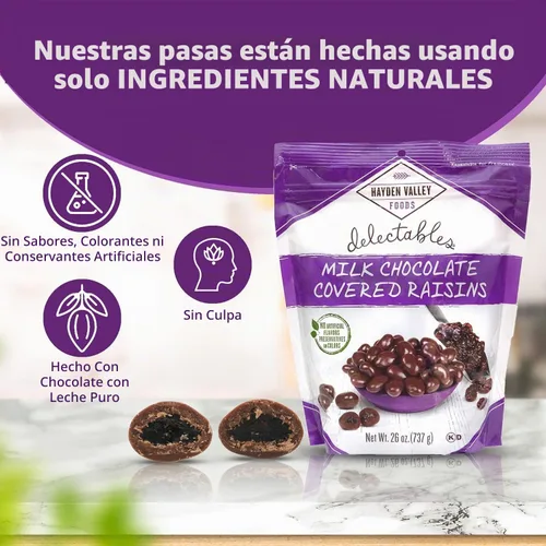 Vista 2 de Hayden Valley Foods Pasas cubiertas de chocolate con leche, bolsa resellable de 26 onzas, sin sabores, conservantes ni colores artificiales