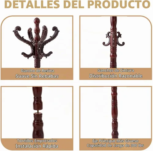 Vista 2 de ZOZOE Perchero de madera clásico, perchero de pie de madera maciza con 14 ganchos, perchas vintage con base redonda resistente, colgador de abrigos