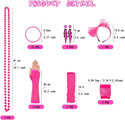 Vista 2 de WILDPARTY Accesorios de trajes de los años 80 para mujer, camiseta, diadema, aretes, collar, guantes de red, calentadores de piernas para fiesta