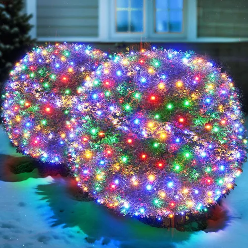 Vista 9 de Red de luces LED verdes de Navidad para exteriores, 120 LED de 6 x 5 pies, tira de luces de malla conectables para exteriores e interiores