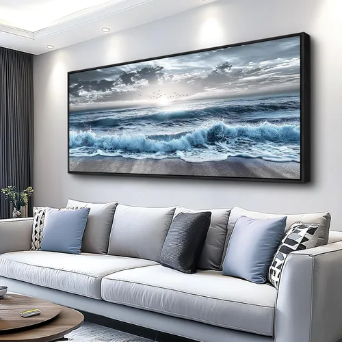 Vista 15 de ERQINHUA Gran decoración de pared para sala de estar, arte de pared en lienzo para restaurante, decoraciones para oficina, pinturas de mar azul