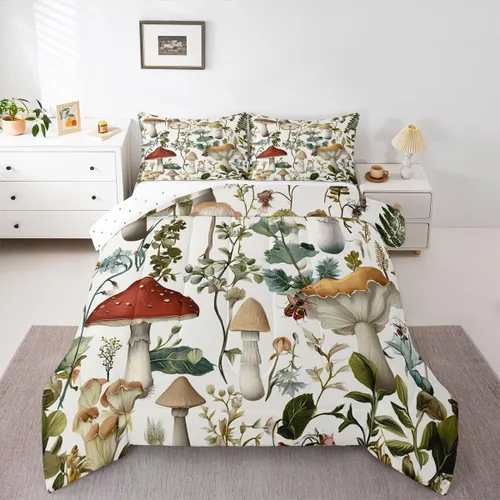 Vista 18 de Feelyou Lindo juego de ropa de cama de hongos kawaii tamaño individual para niños y niñas, decoración de hongos salvajes, juego de edredón