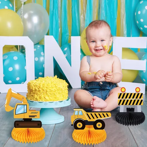 Vista 6 de Zonon 8 piezas de centros de mesa de construcción para fiesta de cumpleaños, suministros de decoración de panal de abeja para auto, camión, zona