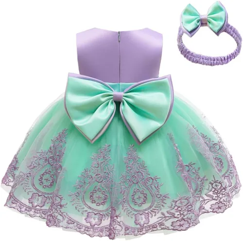 Vista 11 de 3M-6T Vestidos de Encaje con Lazo para Niñas Pequeñas Vestido de Gala Bordado para Bebé con Diadema
