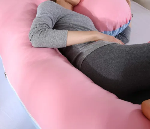 Vista 5 de KFUN Almohada de embarazo de cuerpo completo, almohada de maternidad en forma de C para mujeres embarazadas, funda desmontable, soporte para Rosa