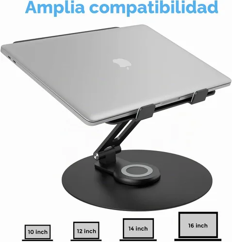 Vista 3 de Soporte giratorio para computadora portátil para escritorio, soporte de computadora de aluminio de altura ajustable con base giratoria de 360 Negro