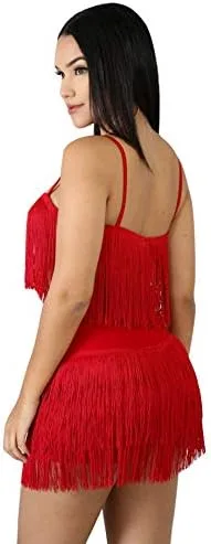 Vista 4 de Traje de mujer sexy de 2 piezas, sin mangas, con borlas de plumas en la blusa, minivestido entallado para el cuerpo, ropa para ir al club.