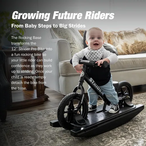 Vista 2 de Strider Bicicleta Pro de 12" (Perla Negra) + Base Mecedora - Ayuda a Enseñar al Bebé Cómo Montar una Bicicleta de Equilibrio - para Niños de 6 Meses