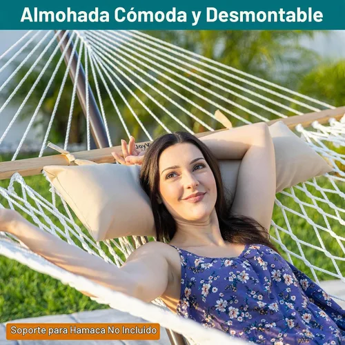 Vista 4 de JoyView Hamaca doble de cuerda tradicional, hamaca de algodón tejida a mano con barra separadora de madera dura y almohada, capacidad de 450 libras