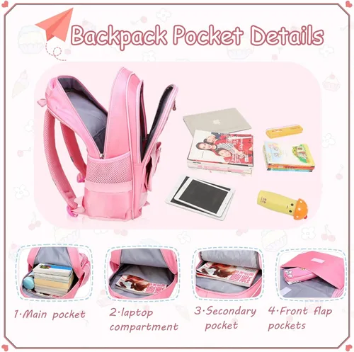 Vista 5 de Juego de 2 mochilas escolares con lazos para niñas y estudiantes, diseño de princesa para escuela primaria, 2pcs Negro-s, 2Pcs BagSet S