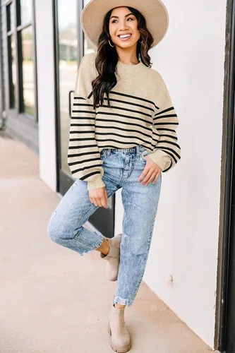 Vista 2 de Suéteres de otoño para mujer, de manga larga, a rayas, de gran tamaño, a la moda, casual, cuello redondo, suéter de punto