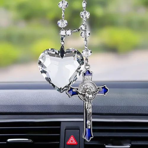 Vista 4 de Colgante de coche Decoración de coche Cristal Corazón Aleación Esmalte Cruz esmaltada Colgante Espejo retrovisor Cruz Crucifijo Colgante Cruz