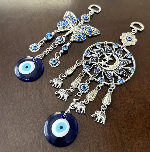 Vista 5 de Betterdecor Adorno colgante de ojo turco azul malvado, mariposa y luna de sol