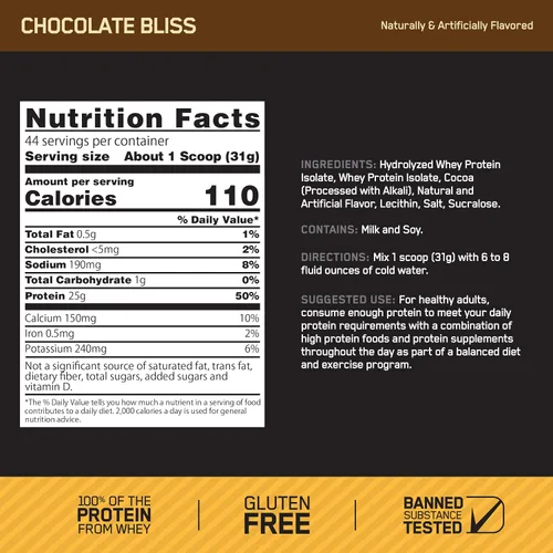 Vista 10 de Optimum Nutrition Gold Standard 100% aislado, proteína en polvo, chocolate Bliss, 3 libras, 44 porciones. Aislado de proteína de suero