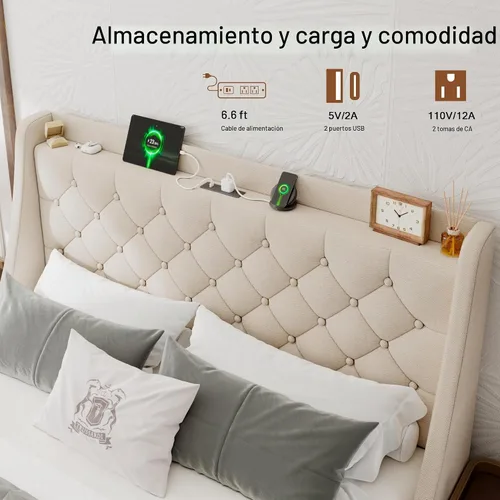 Vista 5 de Einhomn Base de cama tapizada de tamaño completo con 4 cajones de almacenamiento, cama de plataforma con cabecera con respaldo de ala, estación
