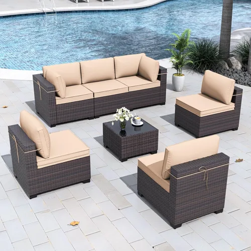 Vista 16 de Gotland Juego de muebles de patio de 6 piezas con 1 mesa auxiliar, 5 plazas de ratán seccional para exteriores con reposabrazos anchos de 29.5 Gris