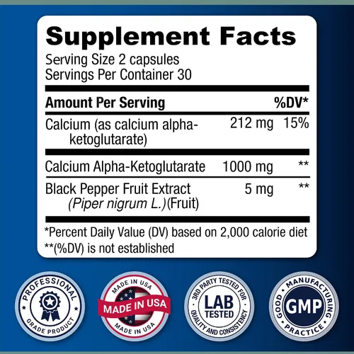 Vista 3 de LongJuvity - Suplemento AKG de liberación temporal de alfa-cetoglutarato de calcio (1,000 mg por porción), salud intestinal, salud ósea