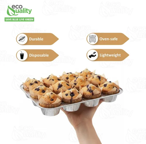 Vista 2 de Molde de aluminio para magdalenas de 12 tazas – Moldes desechables de aluminio para magdalenas – Estaño para magdalenas ideal para hornear cupcakes