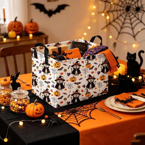 Vista 2 de Cesta rectangular de Halloween para gatos, cestas vacías de Halloween, cesta de truco o trato para niños y niñas, cestas de estantería, papelera
