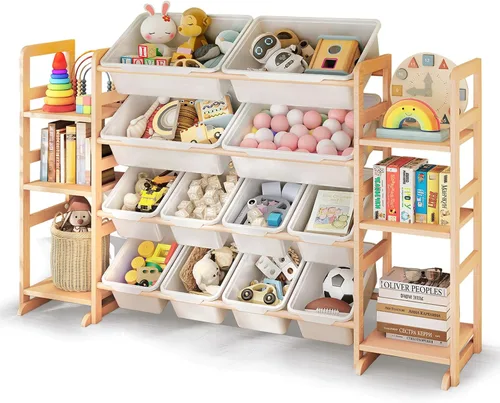 Vista 8 de Organizador de almacenamiento de juguetes de madera con 6 estantes y 12 contenedores, organizador de juguetes para niños, estante de juguetes