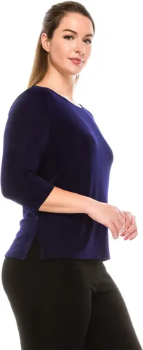 Vista 2 de Jostar Camisetas básicas para mujer, manga 34, cuello redondo, suave, sin arrugas, con abertura lateral