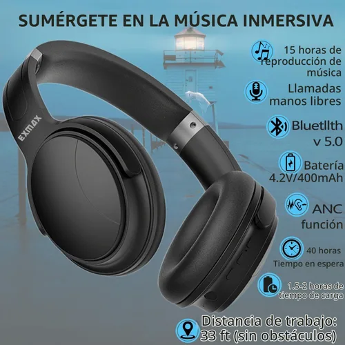 Vista 2 de EXMAX H5 Auriculares Bluetooth sobre la oreja ANC estéreo de alta fidelidad inalámbricos/con cable + micrófono plegables cómodos orejeras