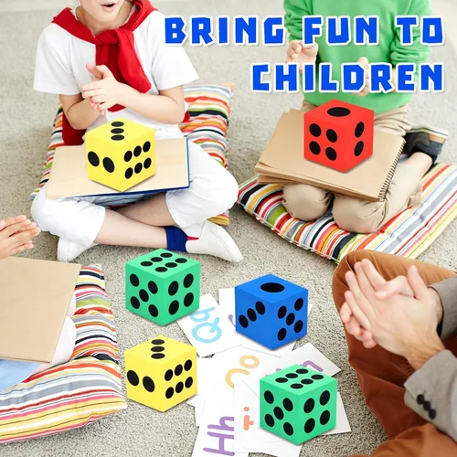 Vista 4 de Meooeck Paquete de 18 dados grandes de espuma de 2.48 pulgadas, coloridos dados jumbo con bolsa de almacenamiento para actividades educativas