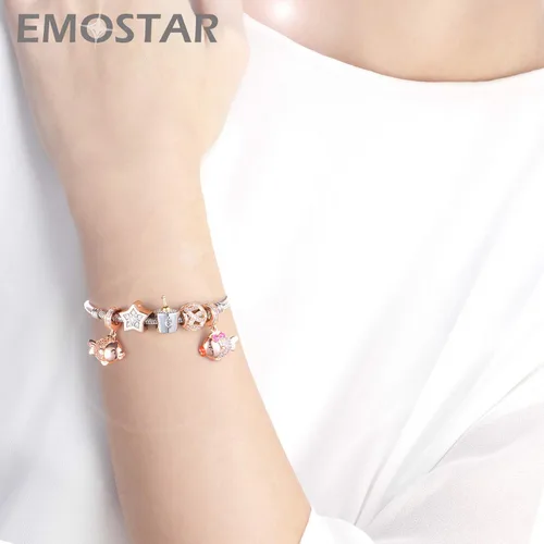 Vista 5 de Rose Gold Valentines Day Charms fits European Bracelet, Couple Lovers Charms, My Wife Charm, Heartbeat, Star Crescent Moon Dangle, Knotted Heart