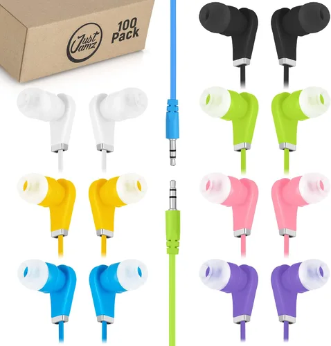 Vista 2 de JustJamz Paquete de 200 auriculares a granel para el aula, incluye 100 auriculares multicolor y 100 blancos con cable con conector de 0.138 in