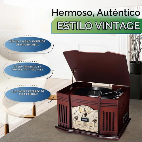 Vista 3 de ClearClick Tocadiscos todo en uno con reproductor de discos de 3 velocidades, Bluetooth, CD, cinta de casete, radio AM/FM, auxiliar, USB, altavoces