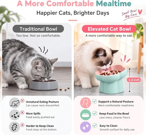 Vista 5 de Raised Slow Feeder Cat Bowl,Ceramic Elevated and Titled Cat Bowl Blue/Pink