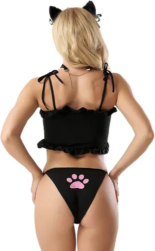 Vista 6 de WOOSIFUN Lencería de cosplay para mujer diseño japonés lindo anime gato ojo de cerradura traje sexy