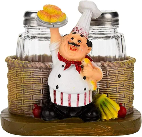 Vista 11 de Juego de salero y pimentero, estatua decorativa de chef sentado, organizador de especias, tarros de especias de vidrio con soporte, figura de regalo