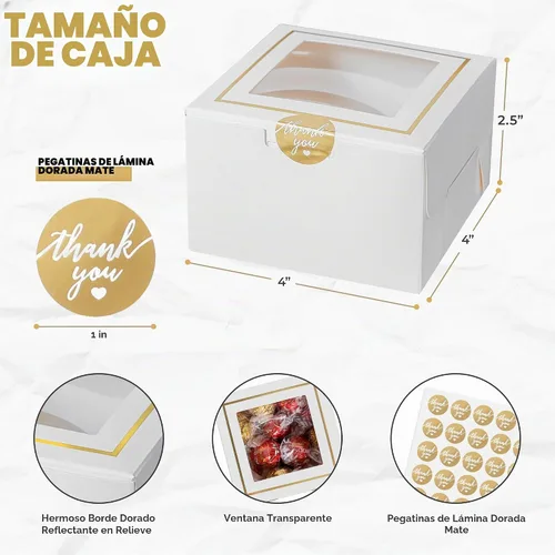 Vista 3 de Cajas de panadería blancas con ventana (30 unidades) de 4 x 4 x 2.5 pulgadas, pequeñas 4 pulgadas para tartas, galletas, macarrones, postres