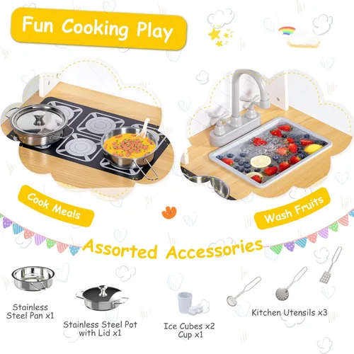 Vista 6 de Juego de cocina, cocina de madera para niños pequeños con grifo, fregadero, máquina de hielo, juguetes de cocina, alturas ajustables, estufa, cocina