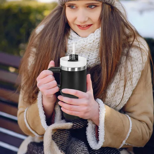 Vista 6 de Vaso de 14 onzas con asa de acero inoxidable de doble capa aislante, botella de agua de acero inoxidable reutilizable para niños, regalos para niños