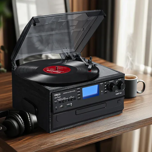 Vista 9 de ORCC Tocadiscos 10 en 1, tocadiscos nostálgicos para discos de vinilo con Bluetooth, 2 altavoces integrados, CD, cassette, radio AM/FM, USB, ranura