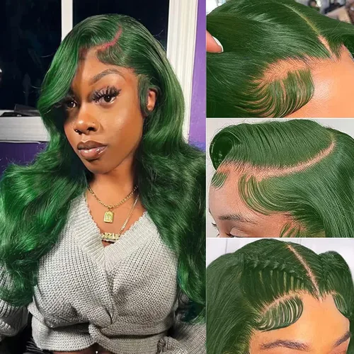 Vista 2 de Colorful Bird Pelucas de cabello humano brasileño ondulado con encaje frontal de 13 x 4 HD, predepilada con abuelitos, color verde oscuro, pelucas