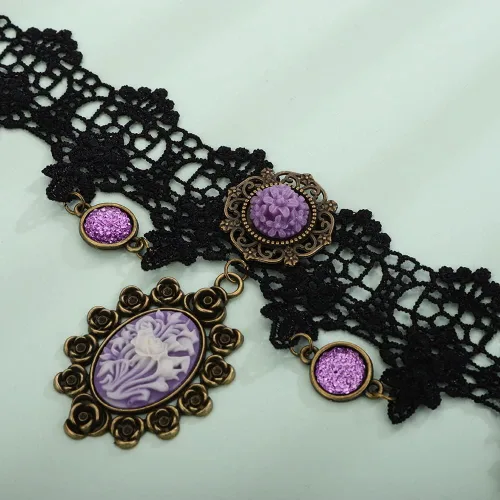 Vista 6 de Elegante gótico gótico steampunk encaje negro camafeo púrpura flor colgante victoriano tatuaje gargantilla dama camafeo collar para mujeres niñas