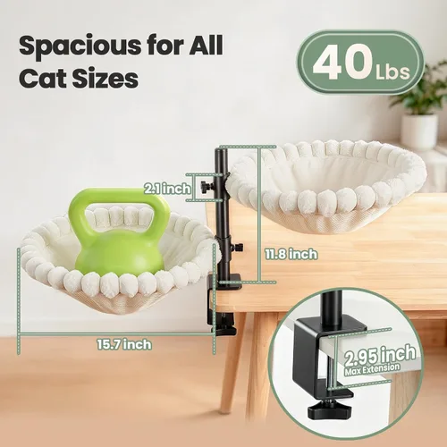 Vista 3 de JUNSPOW Double Cat Desk Bed, 360° Rotation, Holds 44lb, Adjustable, White