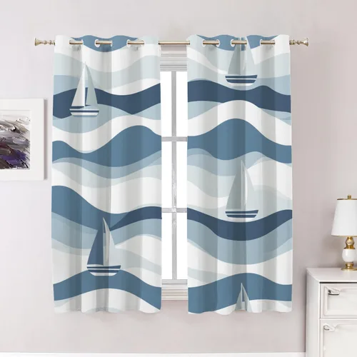 Vista 132 de Maritime Ocean Blackout Tier Curtains, Anchors Nautical Art Half Window Drapes for Kitchen with Rod Pocket,Room Darkening 2 Pack 26X24 Inches