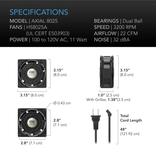 Vista 6 de AC Infinity AXIAL 8025, ventilador para magdalenas, 120 V CA 3.150 in x 0.984 in de alta velocidad, certificado UL para proyectos de escape