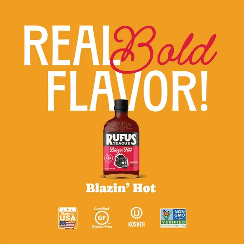 Vista 4 de Rufus Teague - Blazin' Hot BBQ Sauce - Salsa de barbacoa premium - Botella de 15.25 onzas