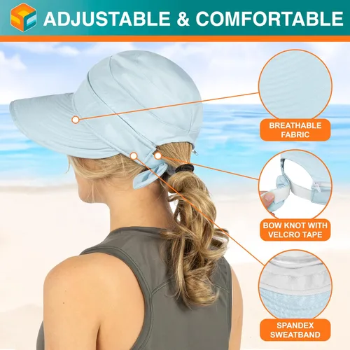 Vista 6 de SUN CUBE Sombrero de sol para mujer para protección UV al aire libre, sombrero de sol de ala ancha, cola de caballo, sombrero de playa convertible